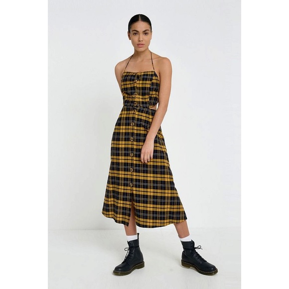 NWT UO Plaid Linen Button-Down Tie Midi Dress - Picture 2 of 3